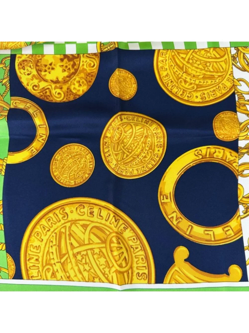 Celine Chain Coin All Over Print Silk Green Gold Scarf